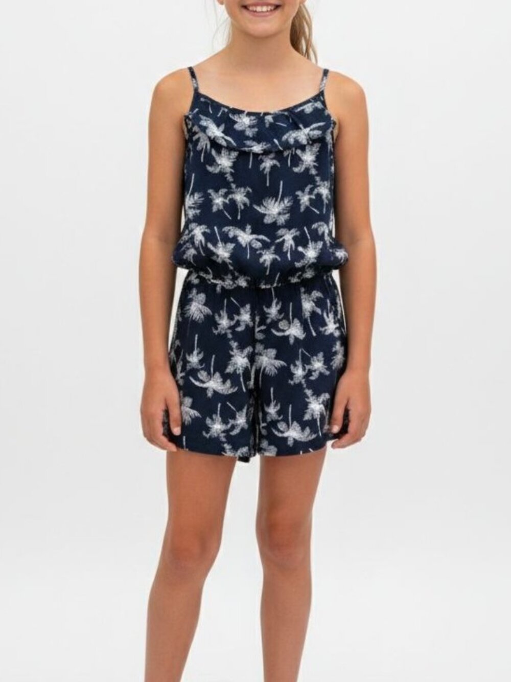 H&M Girls Palm Tree Romper Playsuit Dark Blue White Size 12-13Y Sleeveless Summe